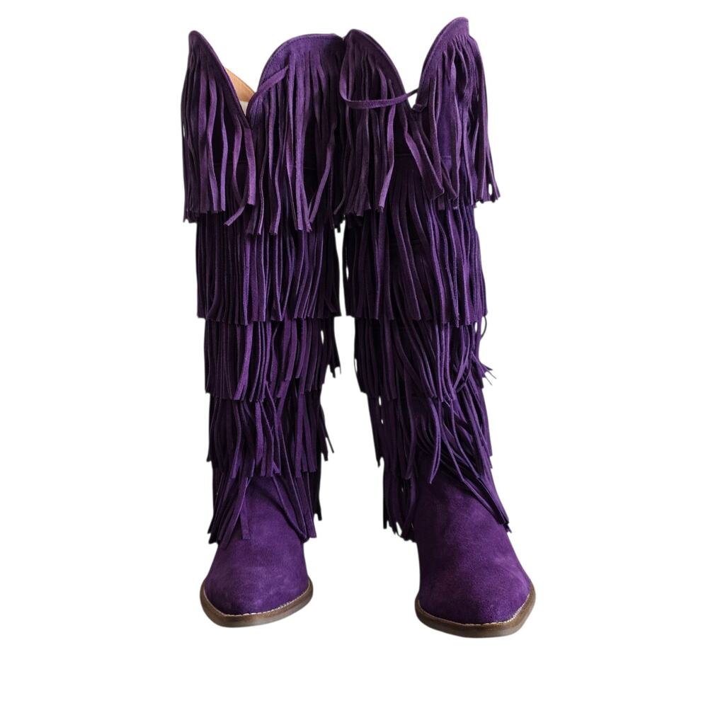 Dingo Women's Size 8 Purple Wild Child Tall Suede Leather Fringe Heeled Boots - Picture 6 of 7